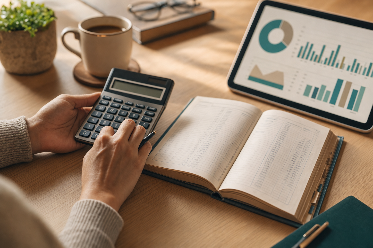 Hands using a calculator beside an accounting ledger and a tablet with financial dashboards