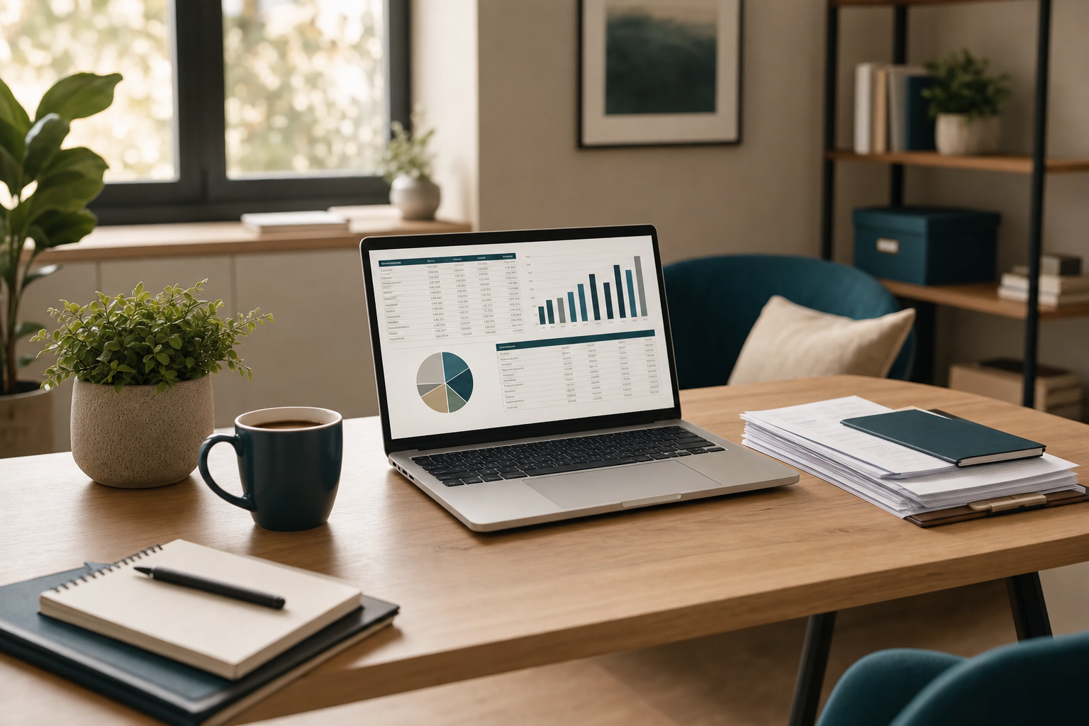 Tidy home office desk with a laptop showing financial charts