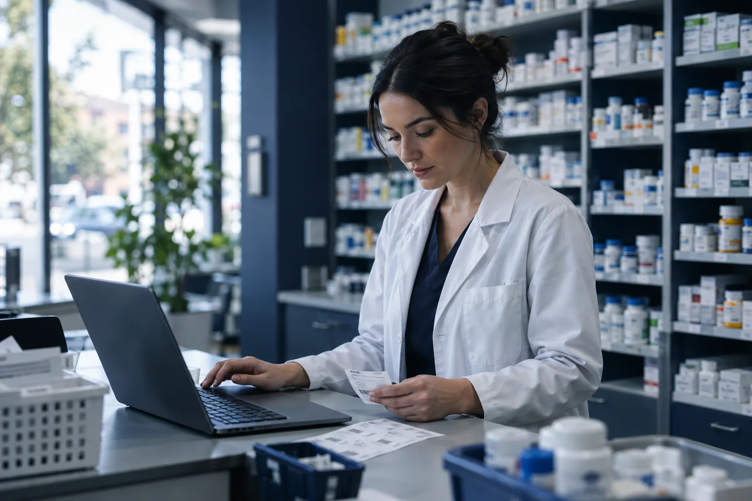 A pharmacist working at a dispensary bench with a laptop and dispensing labels