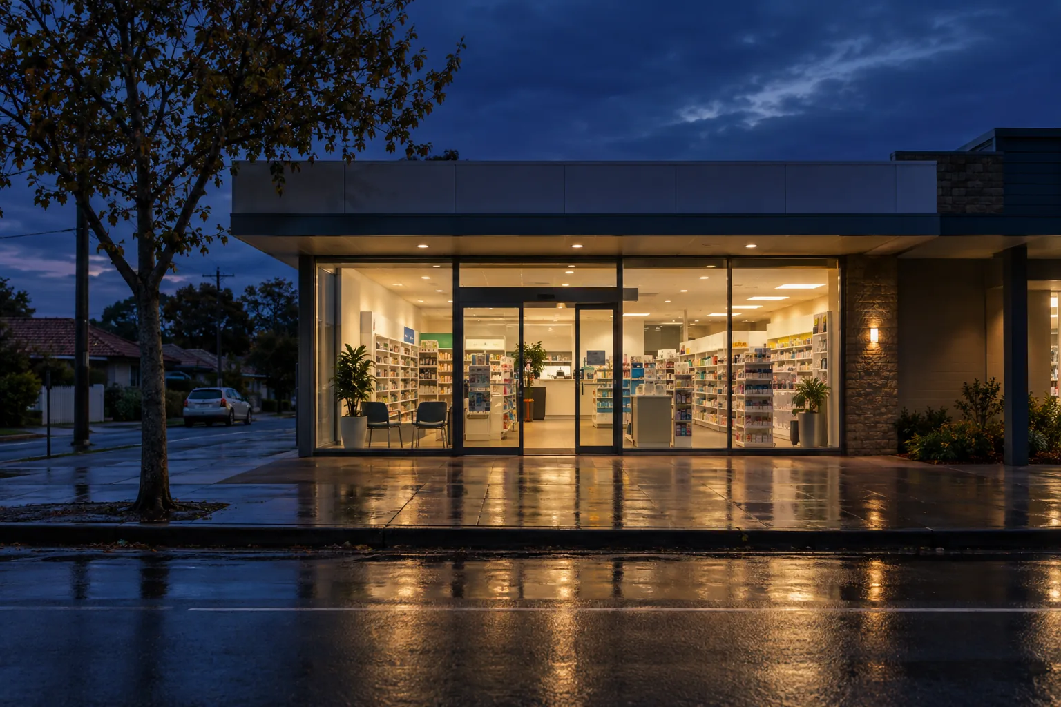 An Australian community pharmacy shopfront lit from inside at dusk